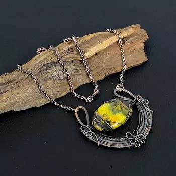 Ожерелье ручной работы из медной проволоки с драгоценным камнем Шмель, натуральное ювелирное ожерелье для нее 18 Inches With Adjustable жёлтый