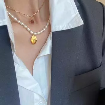 Ожерелье ручной работы из натурального пресноводного жемчуга, длинная цепочка для свитера, французская винтажная цепочка с жемчугом Xiaomi на шею, подвеска с тиснением розы 42cm