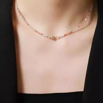 Ожерелье ручной работы из розового натурального камня из бисера, ниша, цепочка на ключицу, ювелирное изделие