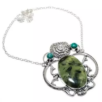 Ожерелье ручной работы из серебра 925 пробы с натуральным пренитом и малахитом, 18 дюймов F7b16