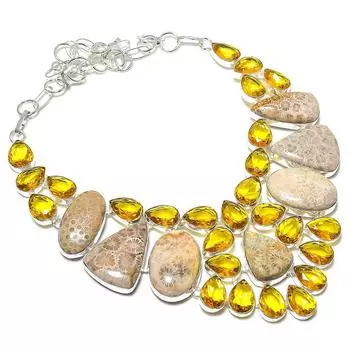 Ожерелье ручной работы из серебра 925 пробы с ископаемым кораллом и цитрином, 18 дюймов U4o40