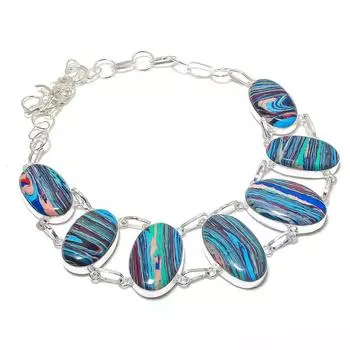 Ожерелье ручной работы из серебра 925 пробы с радужным кальциевым камнем 18 дюймов A9w14