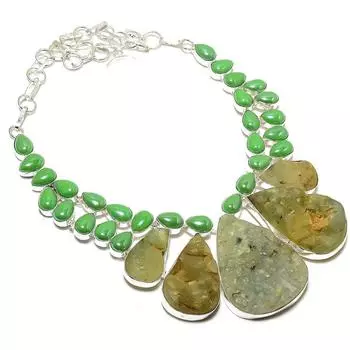 Ожерелье ручной работы из серебра 925 пробы с необработанным пренитом и халцедоном 18 дюймов B2W23