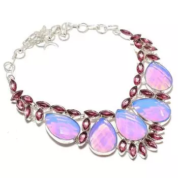 Ожерелье ручной работы из серебра 925 пробы с молочным опалом и кунцитом, 18 дюймов, L3w72