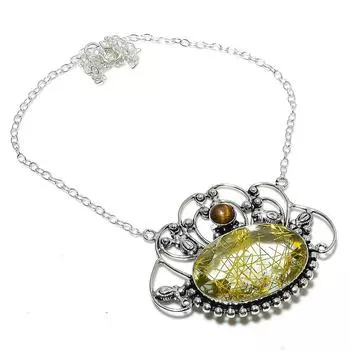 Ожерелье ручной работы из стерлингового серебра 925 пробы с натуральным золотым рутилом 18 дюймов r5T26