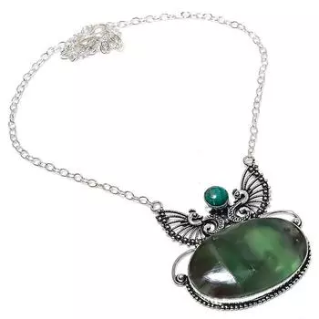 Ожерелье ручной работы из стерлингового серебра 925 пробы с натуральным нефаритом и малахитом, 18 дюймов, V3s96