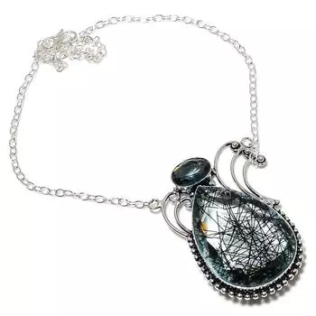 Ожерелье ручной работы из стерлингового серебра 925 пробы с натуральным черным рутилом и иолитом 18 дюймов h1h30