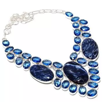 Ожерелье ручной работы из стерлингового серебра 925 пробы с натуральным содалитом и топазом, 18 дюймов P7A23