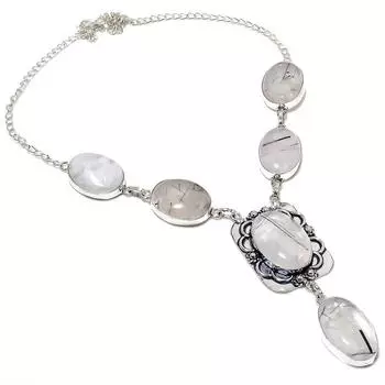 Ожерелье ручной работы из стерлингового серебра 925 пробы с натуральным черным рутилом 18 дюймов S7t90