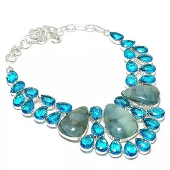 Ожерелье ручной работы из стерлингового серебра 925 пробы с натуральным аквамарином и топазом, 18 дюймов, H1a67