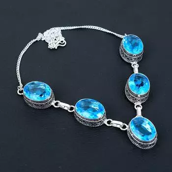 Ожерелье ручной работы из стерлингового серебра 925 пробы с морским голубым топазом, антикварное ювелирное ожерелье, ожерелье с морским голубым топазом для женщин, ювелирные изделия для подарка 20 синий