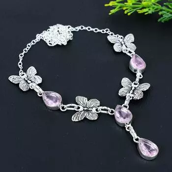 Ожерелье ручной работы из стерлингового серебра 925 пробы с натуральным розовым кунцитом 18 дюймов C7N61