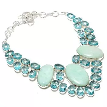Ожерелье ручной работы из стерлингового серебра 925 пробы с натуральным амазонитом и топазом, 18 дюймов I1J30