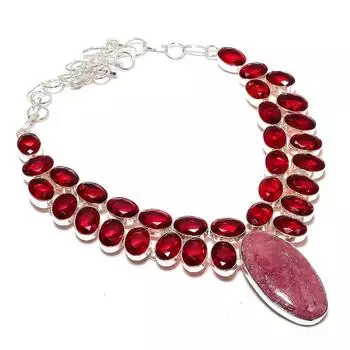Ожерелье ручной работы из стерлингового серебра 925 пробы с натуральным родонитом и гранатом, 18 дюймов, O7o51