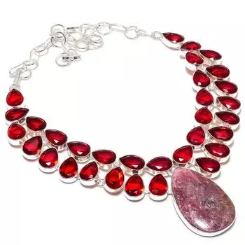 Ожерелье ручной работы из стерлингового серебра 925 пробы с натуральным родонитом и гранатом, 18 дюймов, U9t87