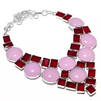 Ожерелье ручной работы из стерлингового серебра 925 пробы с натуральным розовым халцедоном 18 дюймов v1e98