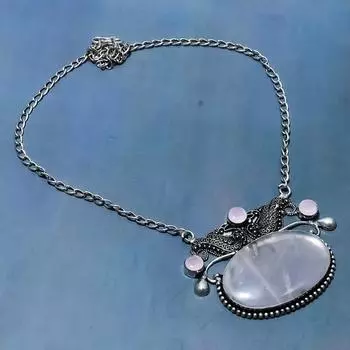 Ожерелье ручной работы из стерлингового серебра 925 пробы с натуральным розовым кварцем 18 дюймов C7u72