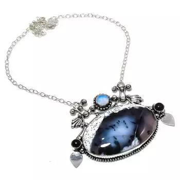 Ожерелье ручной работы из стерлингового серебра 925 пробы с натуральным дендритовым опалом, 18 дюймов, V2R27