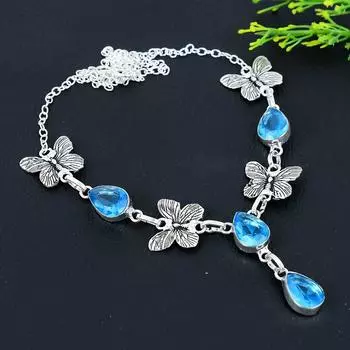 Ожерелье ручной работы из стерлингового серебра 925 пробы с натуральным синим топазом 18 дюймов E4w95