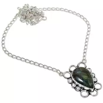 Ожерелье ручной работы из стерлингового серебра 925 пробы с натуральным лабрадоритом 18 дюймов F3U85