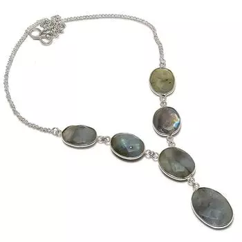 Ожерелье ручной работы из стерлингового серебра 925 пробы с натуральным лабрадоритом 18 дюймов u3P78