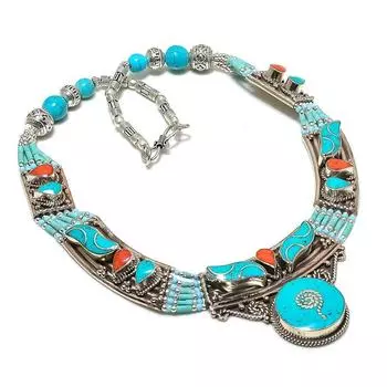 Ожерелье ручной работы из тибетской бирюзы и коралловых камней 18 дюймов t3Z74