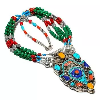 Ожерелье ручной работы из тибетской бирюзы и коралловых камней 18 дюймов o6q41