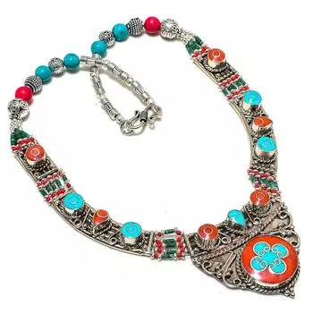 Ожерелье ручной работы из тибетской бирюзы и коралловых камней 18 дюймов Q9q89