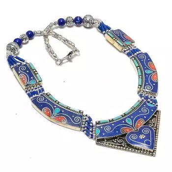 Ожерелье ручной работы из тибетской бирюзы и коралловых камней 18 дюймов N7h93