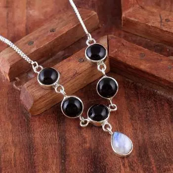 Ожерелье ручной работы с черным ониксом и лунным камнем, женские ювелирные изделия из 100% стерлингового серебра 925 пробы серебряный