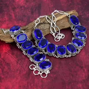 Ожерелье ручной работы с драгоценным камнем танзанит, браслет из цельного серебра 925 пробы, старинные ювелирные изделия, регулируемое ожерелье-цепочка и комплект ювелирных изделий из браслета Adjustable With 8 -18 синий