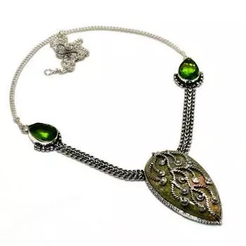 Ожерелье ручной работы с драгоценным камнем Унакит Перидот 925 пробы, посеребренное, 18 дюймов 18 зелёный