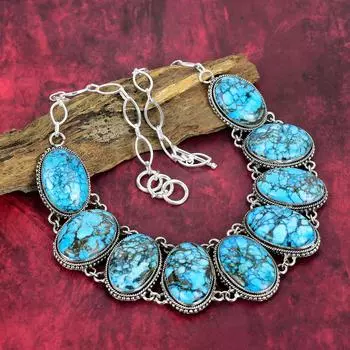 Ожерелье ручной работы с драгоценными камнями синей бирюзы, стерлинговое серебро 925 пробы, антикварные ювелирные изделия, регулируемая цепочка, для подарка на помолвку Adjustable with 18 inches синий