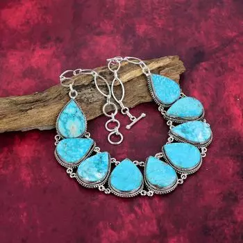 Ожерелье ручной работы с драгоценными камнями синей бирюзы, стерлинговое серебро 925 пробы, антикварные ювелирные изделия, регулируемая цепочка, для подарка на помолвку Adjustable With 18 Inches синий