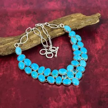 Ожерелье ручной работы с драгоценными камнями синей бирюзы, стерлинговое серебро 925 пробы, антикварные ювелирные изделия, регулируемая цепочка, для подарка на помолвку Adjustable With 18 Inches синий