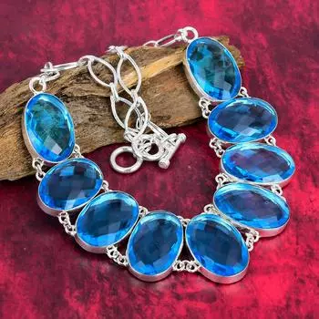 Ожерелье ручной работы с граненым синим топазом, регулируемая цепочка из стерлингового серебра 925 пробы, красивые украшения для подарка Adjustable with 18 inches синий