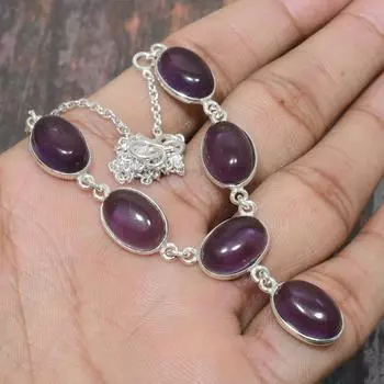 Ожерелье ручной работы с прекрасным аметистом и драгоценным камнем из стерлингового серебра 925 пробы 18 Inches фиолетовый