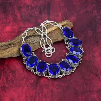 Ожерелье ручной работы с танзанитом из драгоценных камней, ожерелье из стерлингового серебра 925 пробы, антикварные ювелирные изделия, регулируемое ожерелье-цепочка, подарок на помолвку Adjustable With 18 Inches синий