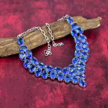 Ожерелье ручной работы с танзанитом из драгоценных камней, ожерелье из стерлингового серебра 925 пробы, антикварные ювелирные изделия, регулируемое ожерелье-цепочка, подарок на помолвку Adjustable With 18 Inches синий