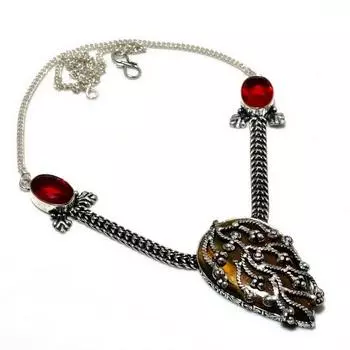 Ожерелье ручной работы с тигровым глазом, гранатом 925 пробы, посеребренное, 18 дюймов 18 жёлтый