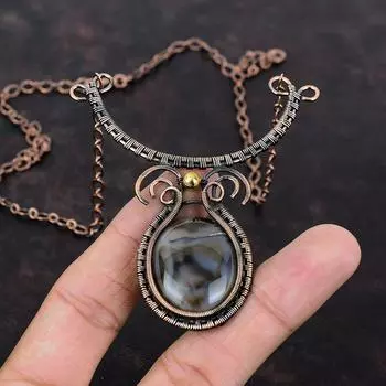 Ожерелье с агатом Монтана, медная проволока, ювелирные изделия, драгоценный камень, медное ожерелье, регулируемое ожерелье ручной работы, ожерелье, завернутое в проволоку, подарок для мамы