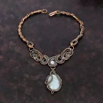Ожерелье с аквамарином, ожерелье из медной проволоки, элегантное ювелирное изделие ручной работы, ожерелье с радужным лунным камнем, медное ювелирное изделие, подарок на помолвку