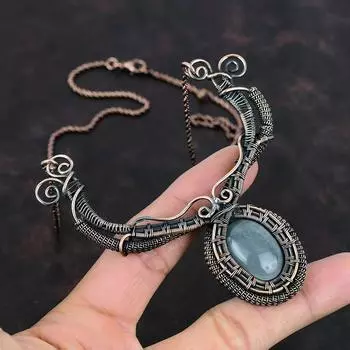 Ожерелье с аквамарином Ожерелье из медной проволоки Ювелирные изделия ручной работы Ожерелье из драгоценных камней Антикварные медные украшения Подарок на помолвку Дизайнерское ожерелье