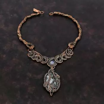 Ожерелье с астрофиллитом, ожерелье из медной проволоки, ювелирные изделия ручной работы в стиле бохо, ожерелье из радужного лунного камня, подарок для женщин, ювелирные изделия из меди с драгоценными камнями