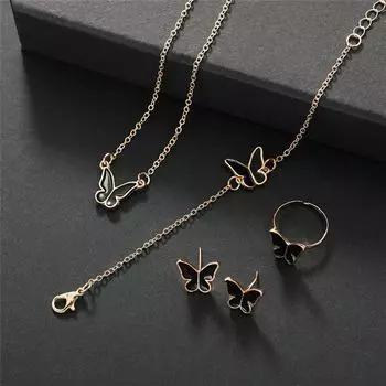 Ожерелье с бабочкой + браслет + серьги-гвоздики + кольцо, модные простые 4 комплекта ювелирных изделий, женские подарочные аксессуары чёрный