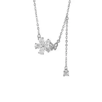 Ожерелье с бабочкой и цветком любви, легкая роскошная простая цепочка с кисточками и каплями воды, маленькая цепочка на ключицу с бриллиантами и цветущей вишней Copper (white gold)