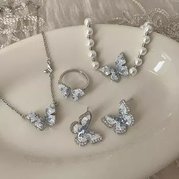 Ожерелье с бабочкой из голубого циркония, браслет, серьги-гвоздики, кольцо, суперфея, личность, универсальный темперамент, модные украшения