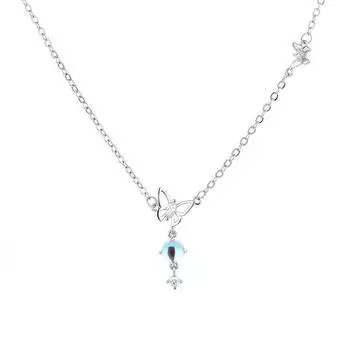 Ожерелье с бабочкой из лунного камня Aurora, простые ювелирные изделия для женщин, с синим бриллиантом, с милым темпераментом, с сердечком для девочки, с цепочкой на ключицу