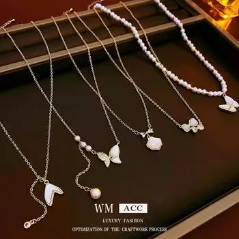 Ожерелье с бабочкой из настоящего золота с гальваническим покрытием из циркония и перламутра – изысканная роскошная цепочка на ключицу для женщин null розового золота