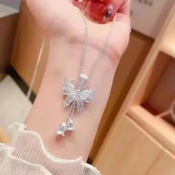 Ожерелье с бабочкой в виде цветка и кисточки для женщин, серебряная бабочка с цветочным кулоном, ювелирное украшение в подарок для матери, жены, подруги серебряный